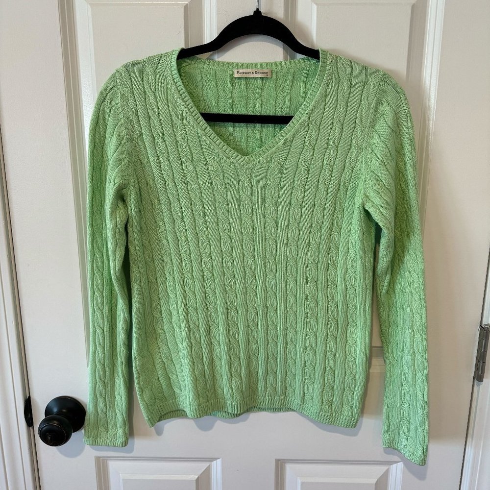 Fairway & Greene Green Cotton‎ V Neck Cable Knit Pullover Sweater - Size Small